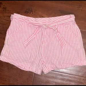 White & pink striped shorts. Seer sucker material.